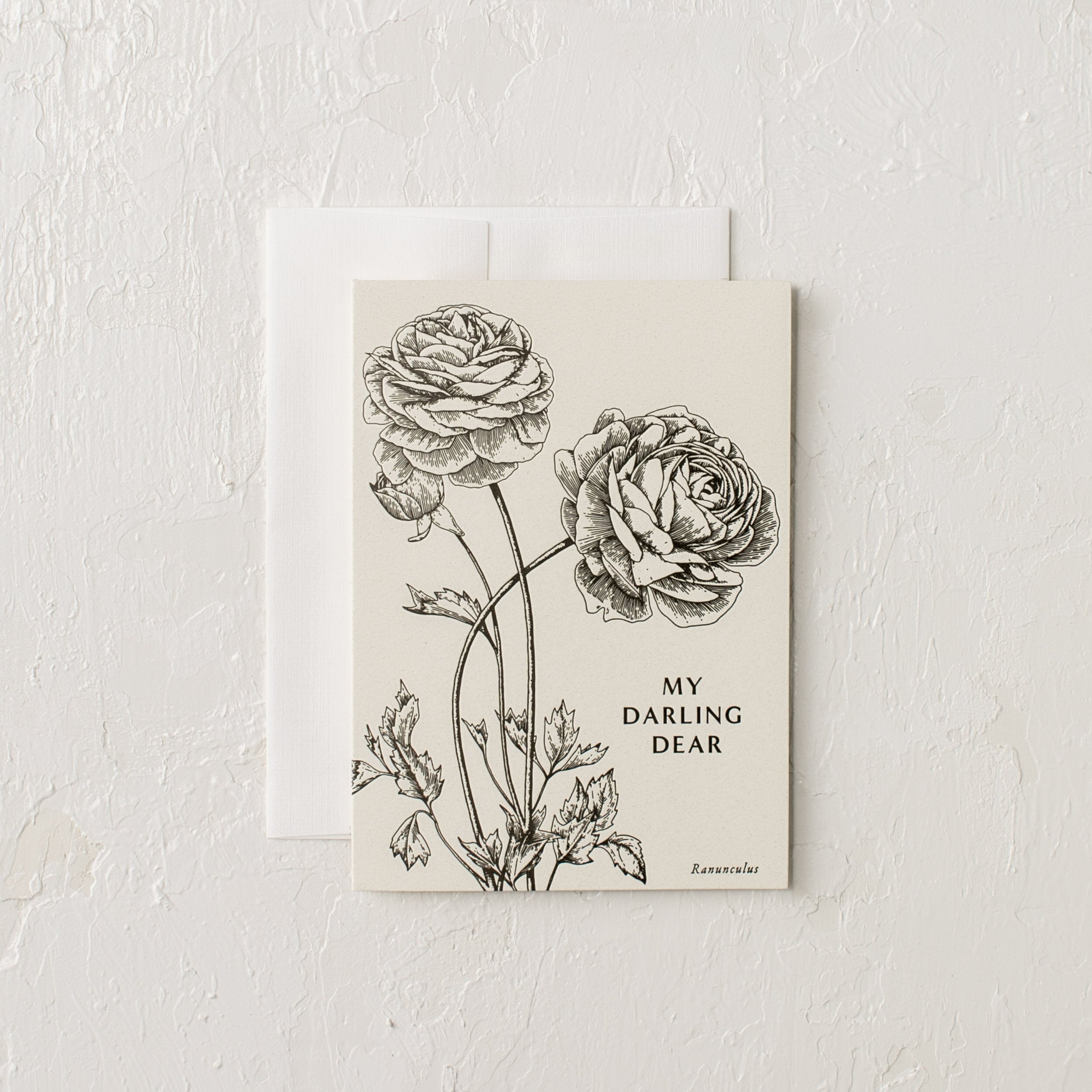 Card reads: My Darling Dear - Ranunculus. Letter Pressed Floral illustration. Designed and sold by Verdant, Kansas City. 