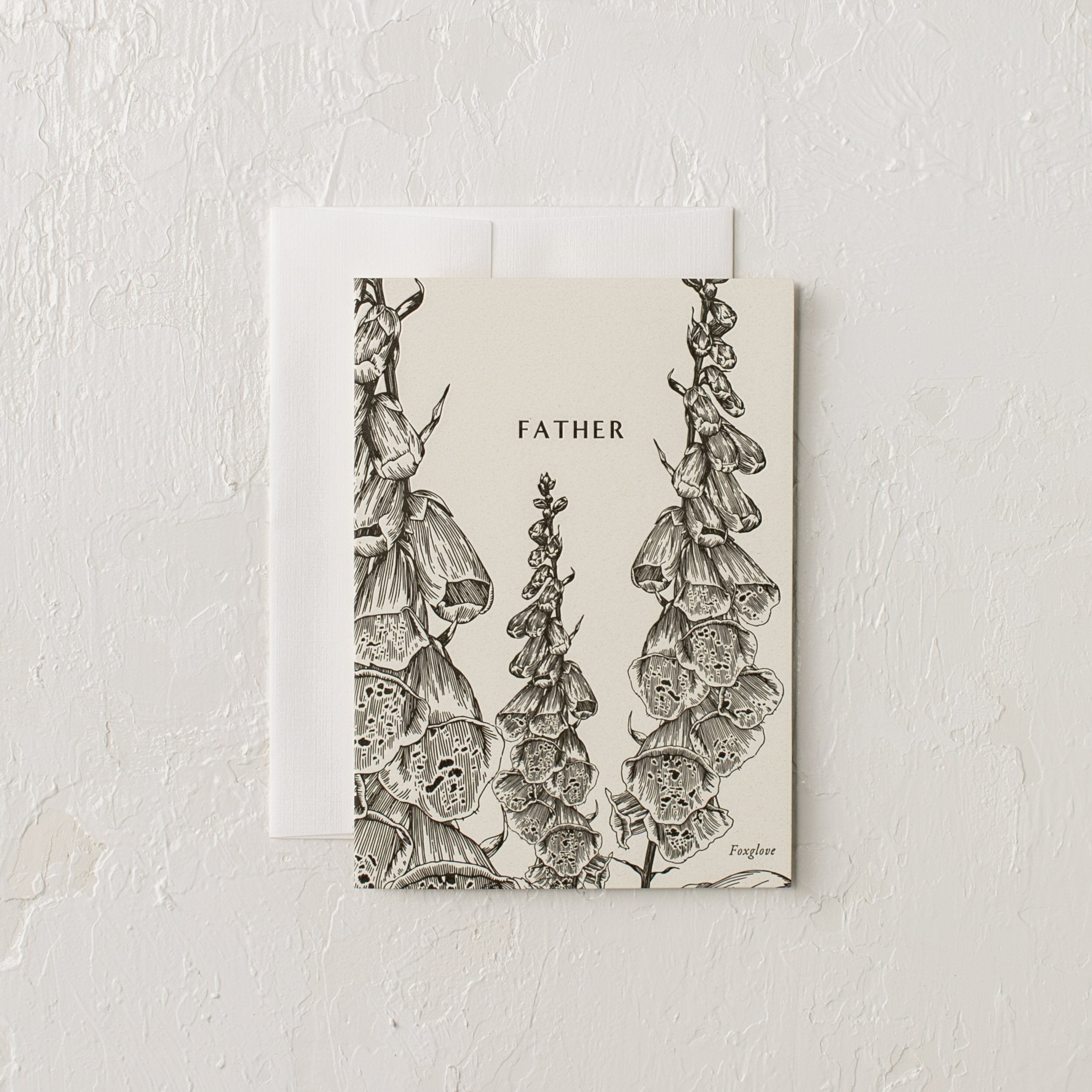 Letter-pressed botanical greeting card. Fox glove illustration labeled "Father" 