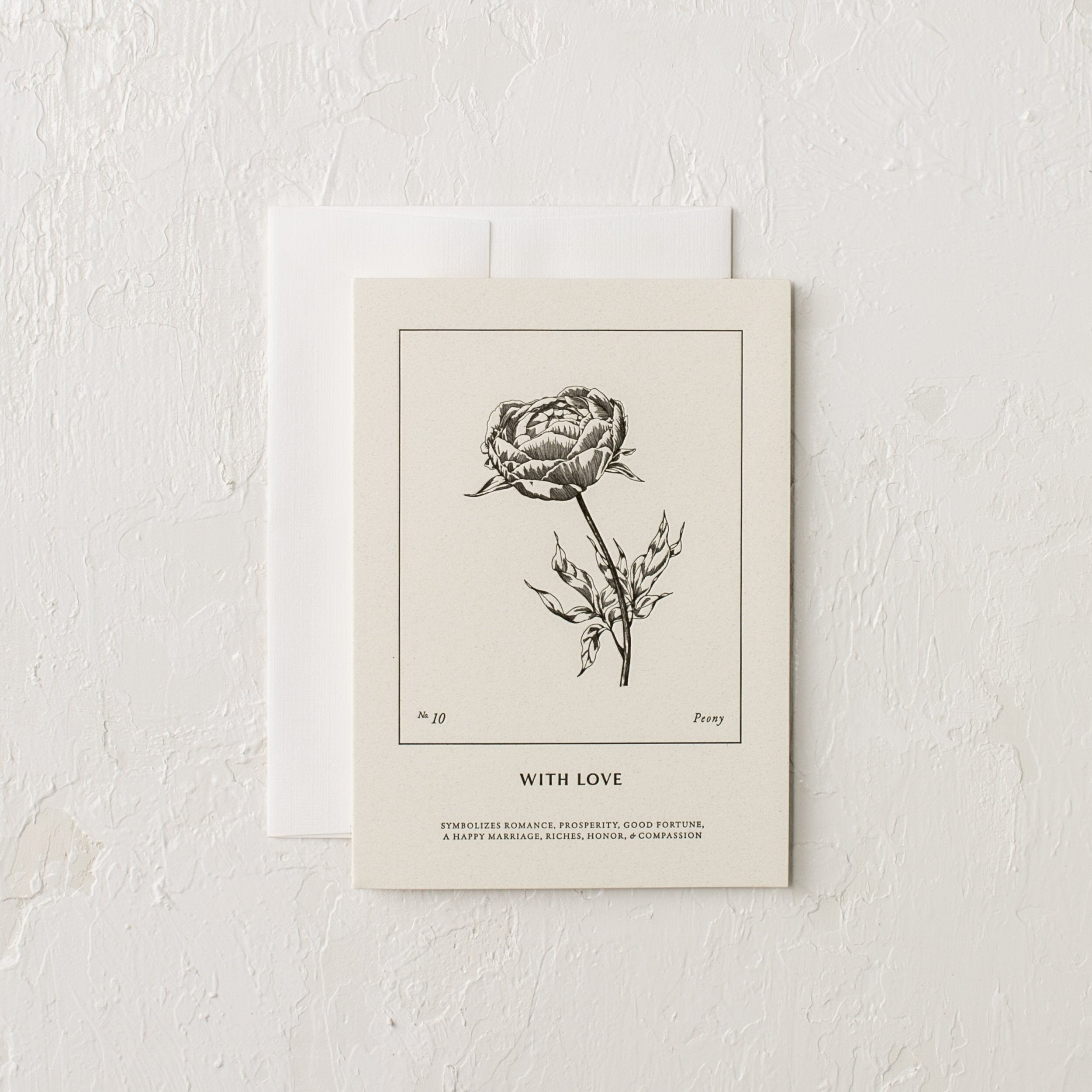 Botanical letter pressed card, Peony illustration - With Love - Symbolizes romance, prosperity, good fortune, a happy marriage, riches, honor and compassion. Letter pressed greeting card designed and sold by shop verdant, Kansas City gift store. 