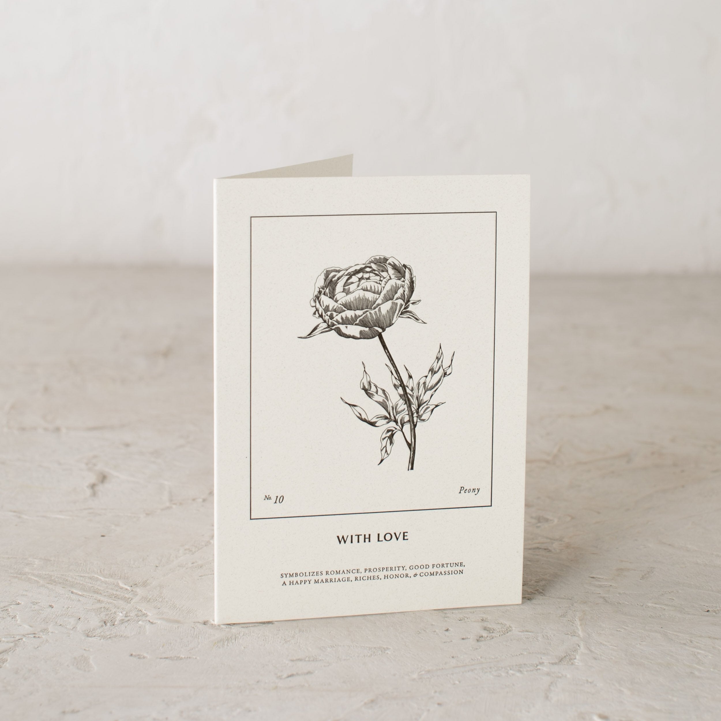 Botanical letter pressed card, Peony illustration - With Love - Symbolizes romance, prosperity, good fortune, a happy marriage, riches, honor and compassion. Letter pressed greeting card designed and sold by shop verdant, Kansas City gift store.
