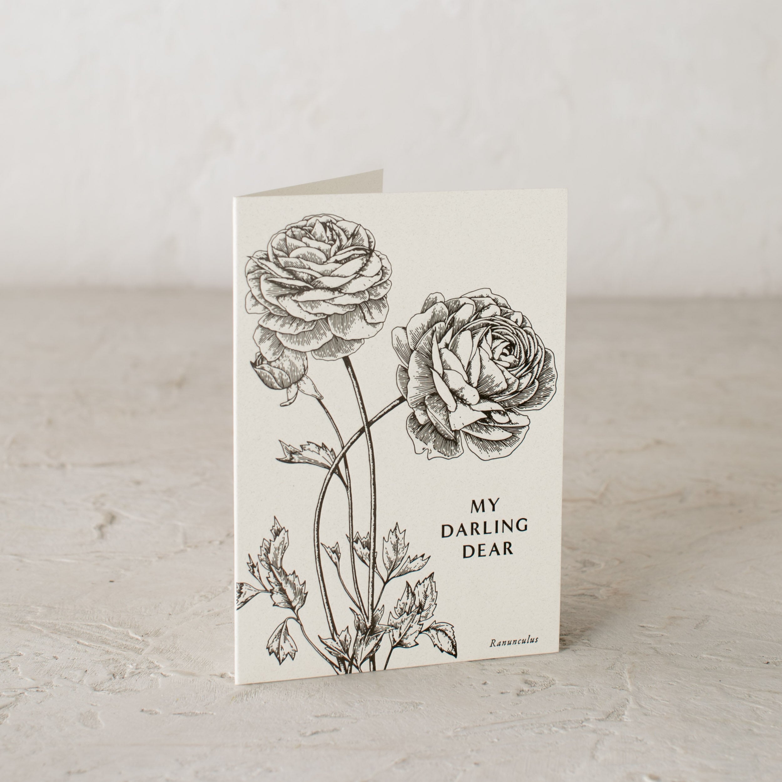 Card reads: My Darling Dear - Ranunculus. Letter Pressed Floral illustration. Designed and sold by Verdant, Kansas City. 