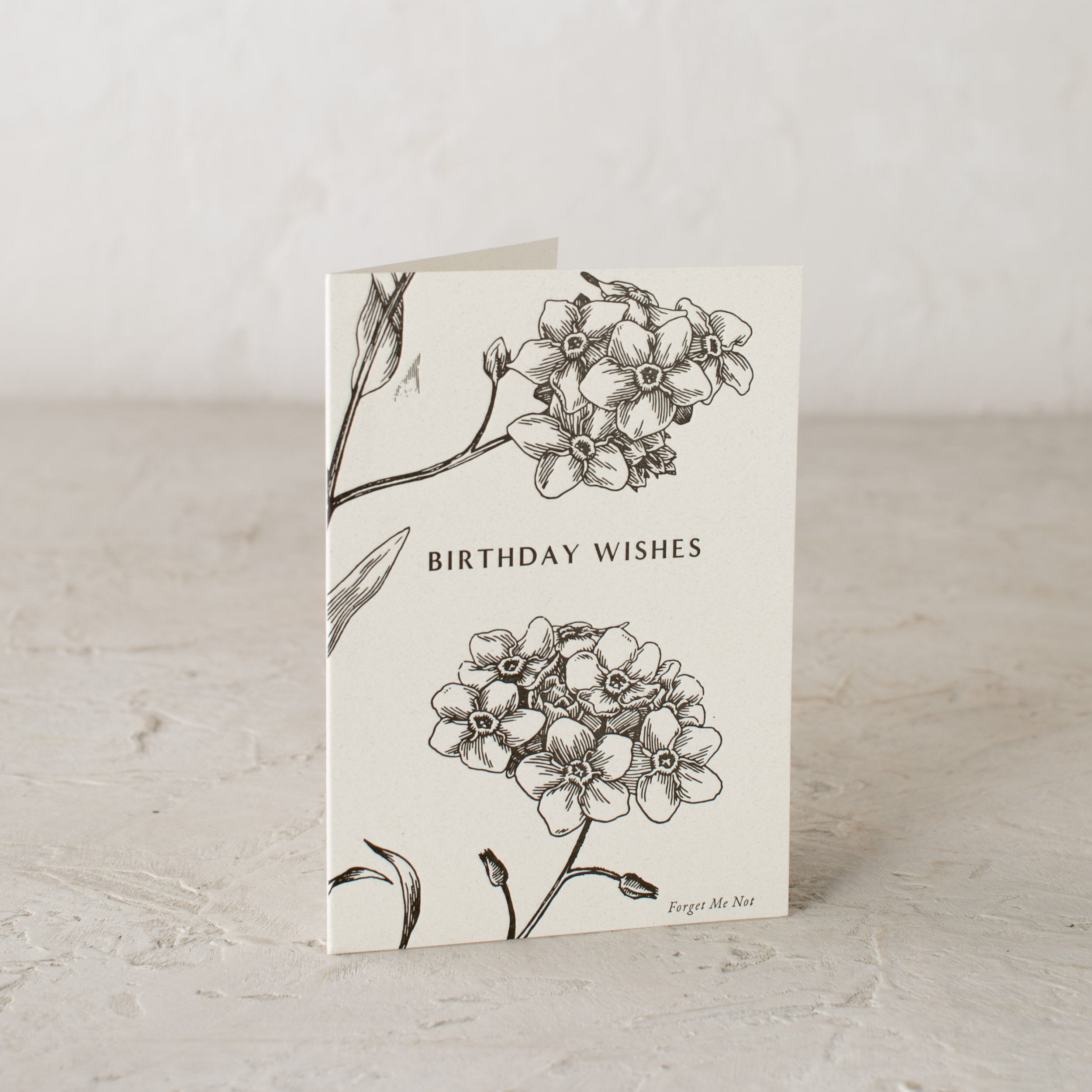 Botanical illustrated embossed cards, "Birthday Wishes" illustrated forget me nots. Designed and sold by Shop Verdant, Kansas City gift store.